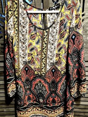 LAWLESS Paisley Mixed-Print Long Sleeve Tunic in Yellow and Red
